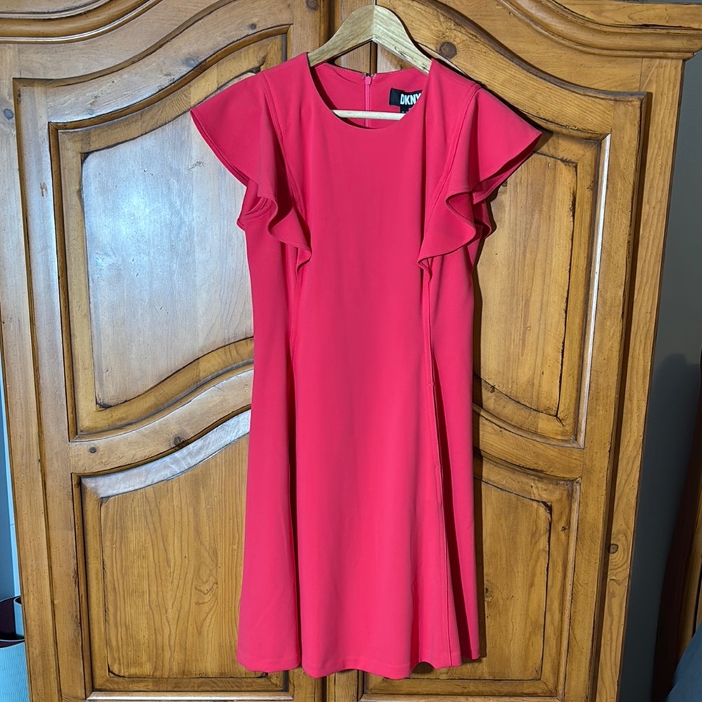 DKNY Vibrant Red/fuchsia Midi Dress with Ruffle Sleeves